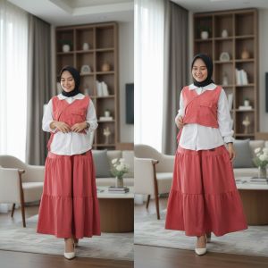 BAJU WANITA SET BAJU VEST GYL DAN ROK PANJANG SUSUN GL FASHION