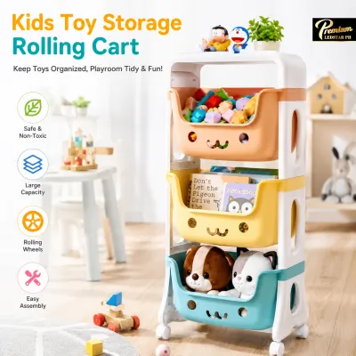 Kids Toy Storage Organizer Rolling Cart SmileyDesign Children Playroom Decor Doll Activity Rack Shelf Plastic Bins Box
