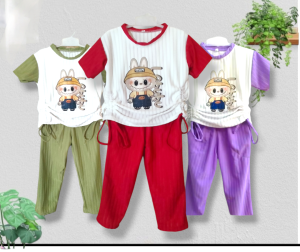 setelan anak perempuan celana dan baju usia 2-12 tahun gambar labubu dtf bahan knit hornet