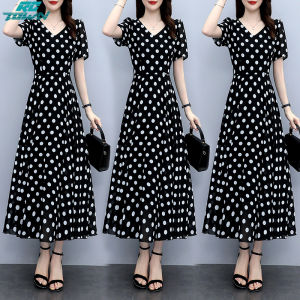 Women Dress Chiffon Fashionable Polka-dot Print V-neck Waist-slimming Long Over-the-knee Dress
