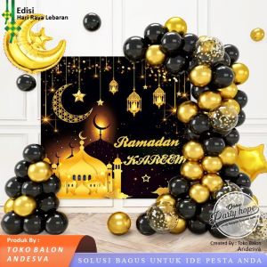 set dekor Ramadan Kareem hitam gold / paket dekor balon lebaran ramadan kareem / dekorasi balon lebaran