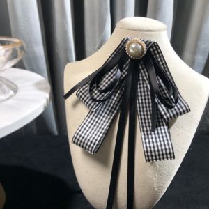 DJDK Pearl Black Ribbon Pin Bowknot Tie Shirt Black Bow Brooch Pin Simple Black Plaid Lace Ribbon Badge Brooch Women