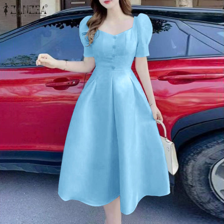 Fancystyle ZANZEA Korean Style Women Fashion Decorative Buckle Basics Dress  Puff Sleeve Party Prom Dresses #0512 Polyester A-Line Midi Dress - Lazada |  Lazada PH