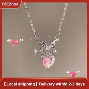 【Y2E2noa】 Zircon Bowknot Heart Pendant Necklaces Pink Heart Ladies Girls Fashion Elegant Clavicle Chain For Women Jewelry