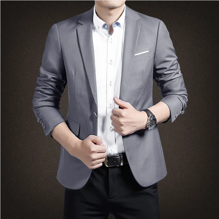 Business Casual Blazer For Men Slim One Button Men's Suits Coat Jacket Male Solid  color blue gray Plus Size S-5XL