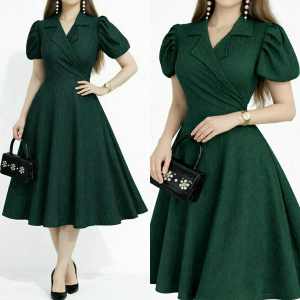 LC Melissa Puff Collar Dress - Classy Elegant Design Stretchable Bark Crepe Fabric Perfect for Special Events Casual & Formal Wear Medium to XL Princess Cut Skirt