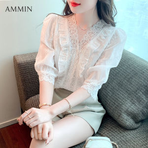 AMMIN Korean style ladies short-sleeved chiffon lace shirt 2022 new summer V-neck ruffled lace embroidered top