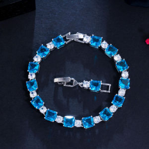 SEQUITO 2024 New Fashion Silver Color Tennis Bracelet Setting Square Yellow Red Blue AAA CZ Women High Quality Jewelry for Prom Party (Free Extended Clasp) B128