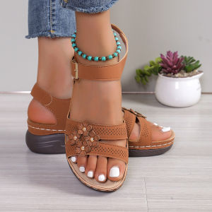 [Free Shipping] Plus-size summer new wedge sandals for women floral flat sandals for outdoor wear thick-soled sandals