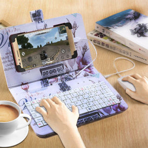 🔥HOT🔥คีย์บอร์ดและเมาส์โทรศัพท์มือถือแบบพกพา Type-C/Micro-Usb คีย์บอร์ดและเมาส์แบบมีสายชุดพร้อมขายึดฝาครอบป้องกันน่ารักห้องเรียนออนไลน์การเรีย