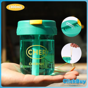 ClickBuy แก้วน้ำพลาสติก ใส่น้ำ ใส่นม 300ml ใช้ มีหลอด/เปิดฝาดื่มได้ Plastic cup