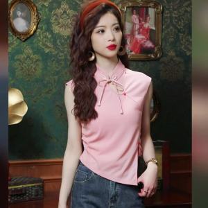 AMMIN เสื้อเบลาส์เอวแต่งระบายวินเทจสำหรับผู้หญิงเสื้อเบลาส์แขนกุดดีไซน์แหวกแนวเสื้อยืดผ้าฝ้ายหูกระต่ายน่ารักคอตั้งฤดูร้อน2024