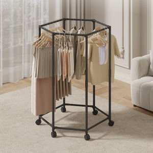 Rotating Clothes Rack with Wheels Metal Clothes Rack Stand Standing Circular Clothes Hanger Movable Clothing Organizer Rack Drying Shelf for Bedroom Balcony Laundry Room Clothing Stores
