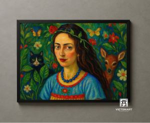 Tranh Nghệ thuật "Người Phụ Nữ Áo Xanh" VIETSMART ART - Sơn dầu 60 x 90cm