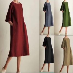 G7 a Large Number of Spot Goods European and American Cross-Border Trade Plus Size Womens Casual Round Neck Mid-Sleeve Cotton Linen Pocket Dress 7/7