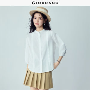 Giordano Beau Monde Women Cotton linen band collar 3/4 sleeve shirt Free Shipping 13346464