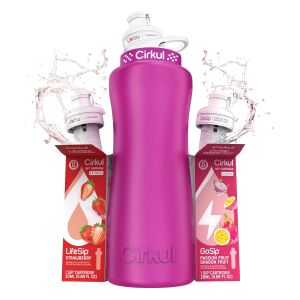 Circul 32oz. Chameleon Stainless Steel Water Bottle Starter Kit with Green Lid 2 Flavor Cartridges (1 LifeSip Blackberry Blueberry 1 GoSip Berry Blue Punch) No Sugar Zero Calorie Drink Mix