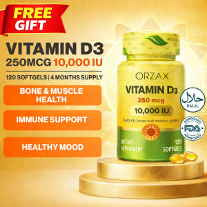 ORZAX Vitamin D3 10000IU 250 mcg Muscle Function Immune Support Mood Supplement for Wellness 4 Months Supply 120 Softgels Halal Orzax