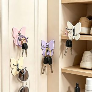 NOBLELYN 1/4PCS Plastic Butterfly Wall Hook Self Adhesive Waterproof Adhesive Wall Hook No Drill Key Holder Hook Kitchen Bathroom Storage