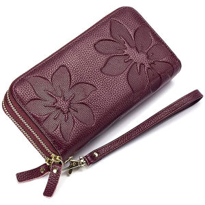 กระเป๋าเงินของผู้หญิงแฟชั่น BISON DENIM ยาวหนังแท้กระเป๋าเก็บบัตรกระเป๋าคลัทช์ซิปคู่