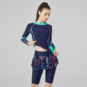 L-6XLผู้หญิงขนาดบวกชุดว่ายน้ำพิมพ์สองชิ้นชุดว่ายน้ำหญิงท่องผื่นยามชุดว่ายน้ำเสื้อแขนยาว + Skirtedตัดกางเกงบีชสวม