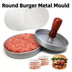 Round Burger Metal Mould Hamburger Patty Maker Grill Press Cooking Tool for Burger Press Pizza BBQ Patty Maker Cookie Oven Kitchen Accessories Anti Stick Pressure Meat Mold