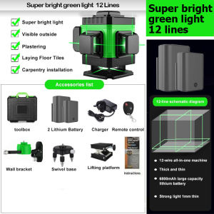 12 Lines Laser Level Green Light Making Laser 360° Adjustable Auto Leveling Measuring Tool Set Line Measurement Outdoor Laser Level