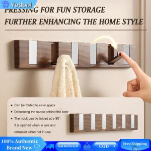 [Vodool Brand Center] Wood Grain Key Hooks 6 Foldable Hooks Wall Mounted Bag Holder Multi-Function No Drilling Key Hangers Heavy Duty for Laundry Bedroom