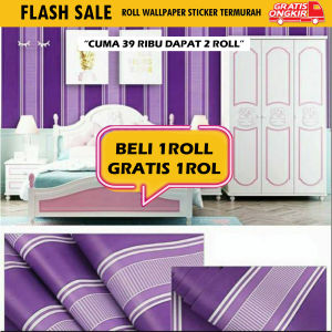 ( DAPAT 2 ROLL ) BELI 1 GRATIS 1 Wallpaper Stiker Dinding Minimalis Salur Garis Ungu Dekorasi Kamar Tidur & Ruang Tamu Ukuran 45cm x 4m