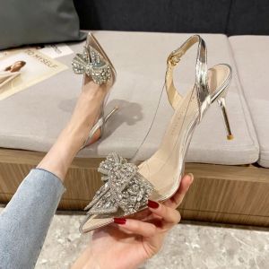 6cm/8cm | 34-39 Women`s Transparent High Heels with Diamond Bow Open Heel Stilettos