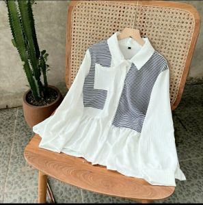 kemeja wanita MUANA katun salur kombinasi crinkle air flow premium LD 100CM muat sampai BB 40-60KG baju murah untuk Remaja Dewasa Fashion terbaru terlaris populer keren kekinian modis hit dan viral 2024