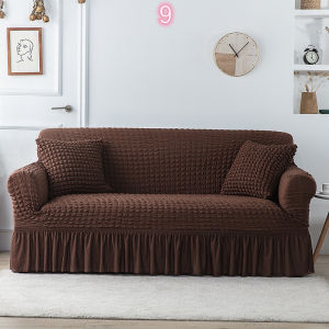 Foam Strips Seersucker Black Grey Sofa Cover 1/2/3/4 Seater Sarung with Skirt Thicken Pure Color Couch Elastic