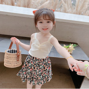 2 Pieces Set Girls Dress with Tops Girls A-line Dress Floral Dress with Sling Strap Tops Fashion Korean Style Dresses for Girls Summer New Arrival 0134