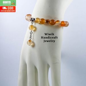 Gelang Tangan Wanita/Gelang Batu Cewek Karet dan Stainless Tahan Karat Batu Beads Manau Coklat Corak Kado Hadiah Terbaru