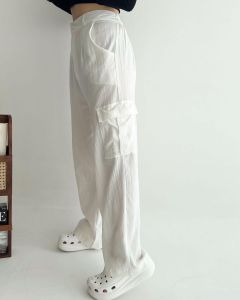 Celana Cargo Highwaist Loose Linen Crinkle Kulot Cargo Haighwaist Wanita Daily Outfit