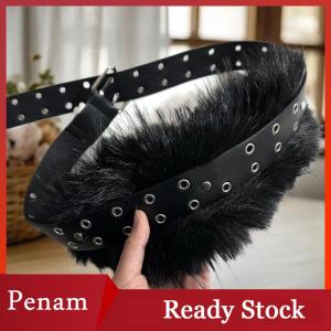 [PAM] New Retro Punk Y2K Fluffy Faux Fur Waist Belt Women Fashion Accessories PU Leather Waistband Gothic Style