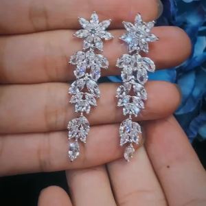 FCSEQUITO Gorgeous White Gold Plated Long Leaf Drop Dangle Earrings Paved Cubic Zirconia Wedding Jewelry Accessories for Bride SE424