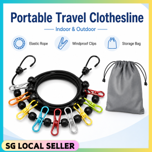 SG READY STOCK 1.8m Portable Travel Clothesline with 12 Clips Non-Slip Elastic Laundry Drying Rope with Storage Pouch