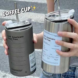 600ml Ice Coffee Cup with Straw Industrial Style Stainless Steel Large Capacity Americano Coffee Cup