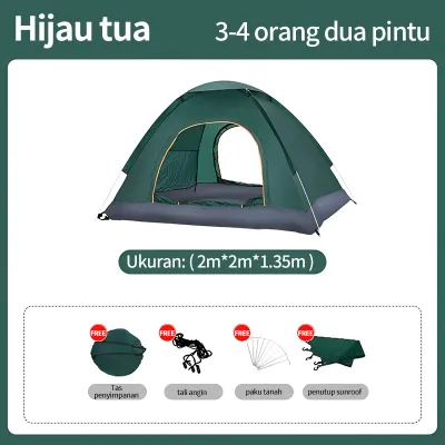 Tenda Kemah Luar Ruangan Anti UV Tahan Air Anti Serangga 3-4 Orang Tenda Hijau untuk Dua Orang atau Tunggal Otomatis untuk Anak dan Dewasa