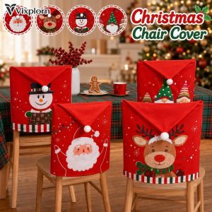 Christmas Chair Cover Santa Claus Printed Velvet Dining Seat Protector Xmas Home Dinner Party Decor