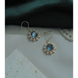 Bông Tai Đá Zircon Màu Xanh Ngọc Trai Phong Cách Cung Điện Cổ Điển Mạ Lá Vàng 14K