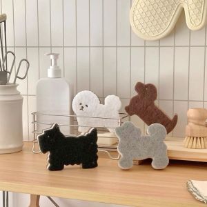 MNTT 4pcs Cartoon Dog Shape Sponge Scrubber 3-Layer Non-Scratch Dual Sided Kitchen Brush Poodle Dishwash Puppy Sponge Rub Kitchen