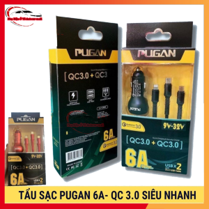 Tẩu sạc nhanh Pugan 6A Kèm dây sạc 3 đầu 2 cổng USB 2.1 sạc nhanh điện thoại và thiết bị điện tử bộ sạc 3 trong 1 cao cấp