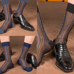 Mens Thin Multicolor Striped Dress Socks Lightweight Comfortable Business Formal Middle Calf Socks for Professional Look