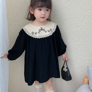 NAJIA Pleated Lace Princes Dress Loose Embroidered Flowers Girls Long Dress Fashion A-line Children Long Sleeved Dress Party