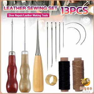 Digeo 13pcs DIY Leather Sewing Kit Sewing needle/Wooden Handle Awl/Wax Thread/Sewing Awl
