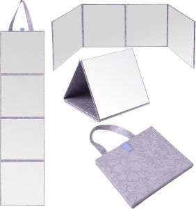 3 Way Foldable Full Length Mirror with Handle 31.89 x 11.22 Inches Leather Portable Camping Travel Hanging Folding Body Mirror for Makeup Dance Fitness Spa Hair Styling(Morandi PurpleRetro)