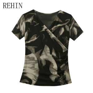 REHIN Summer Wrinkled Cross V-Neck Fashion Short Sleeve T-shirt Mesh Printed Fashion Slim-fit elegant Womens top