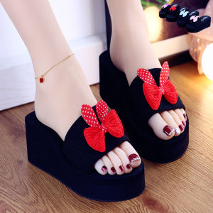 CXL Brand Fashion Beautiful Slippers 2.36 Inches Wedge Sandals High Heels Cute Bow Rubber Sturdy Shoes for Women (Size 34-39)